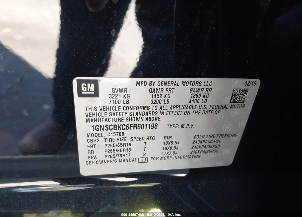 2015 CHEVROLET TAHOE LT VIN: 1GNSCBKC6FR601198