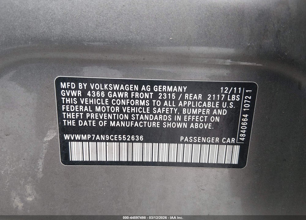 2012 VOLKSWAGEN CC SPORT VIN: WVWMP7AN9CE552636