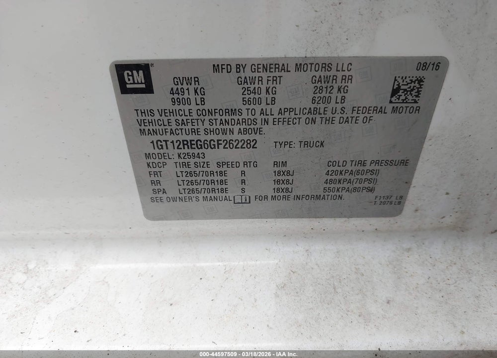 2016 GMC SIERRA 2500HD VIN: 1GT12REG6GF262282
