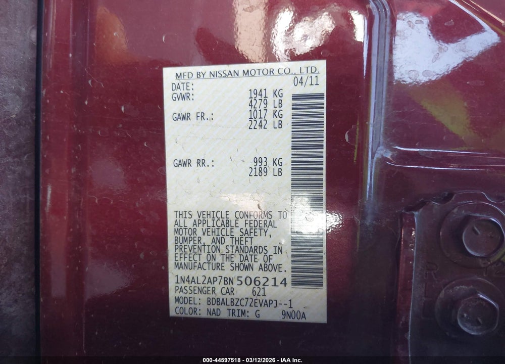 2011 NISSAN ALTIMA 2.5 S VIN: 1N4AL2AP7BN506214
