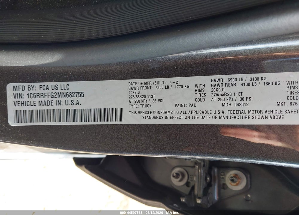 2021 RAM 1500 BIG HORN  4X4 5'7 BOX VIN: 1C6RRFFG2MN682755