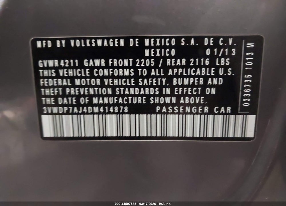 2013 VOLKSWAGEN JETTA 2.5L SE VIN: 3VWDP7AJ4DM414878