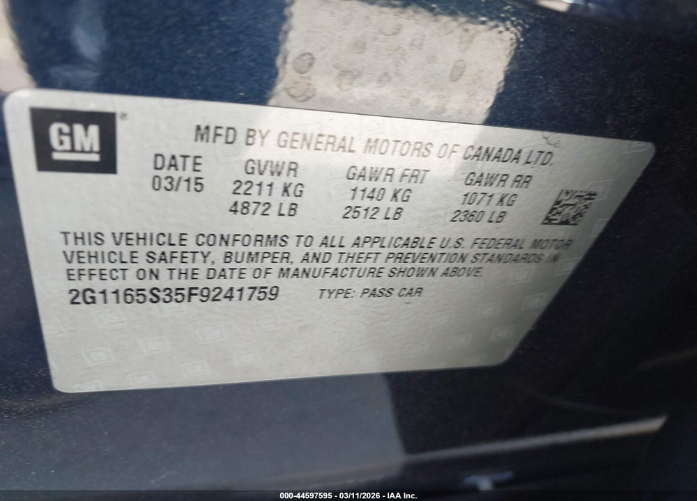 2015 CHEVROLET IMPALA 2LZ VIN: 2G1165S35F9241759