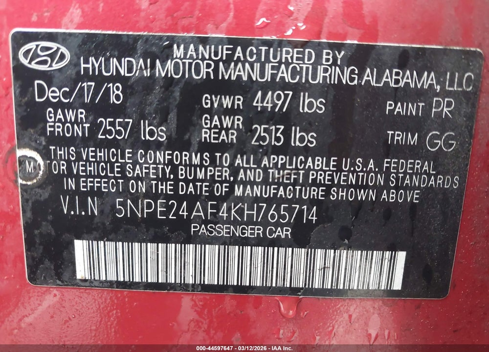 2019 HYUNDAI SONATA SE VIN: 5NPE24AF4KH765714