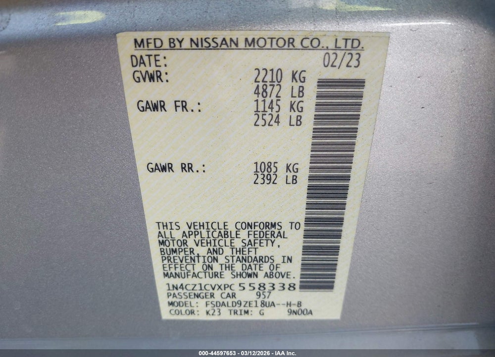 2023 NISSAN LEAF SV PLUS 60 KWH VIN: 1N4CZ1CVXPC558338