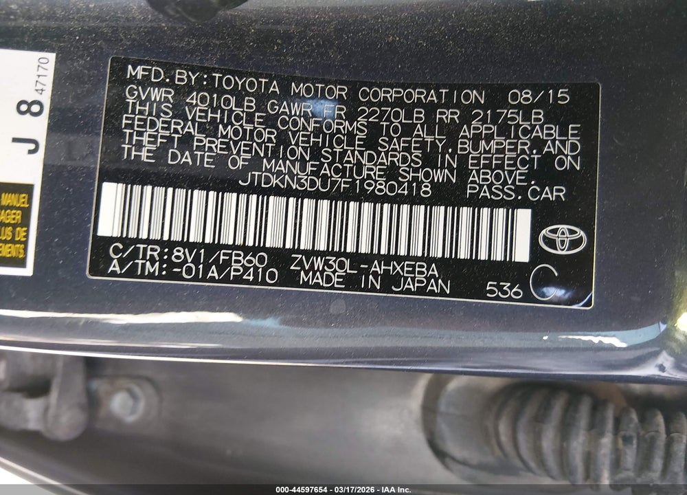2015 TOYOTA PRIUS TWO VIN: JTDKN3DU7F1980418