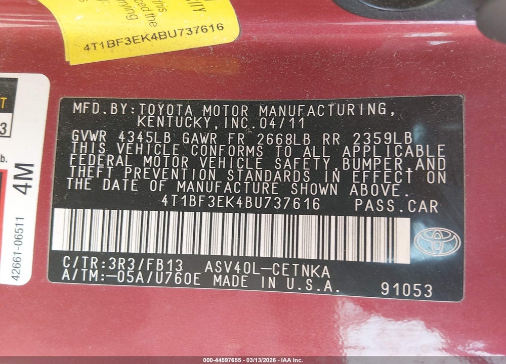 2011 TOYOTA CAMRY LE VIN: 4T1BF3EK4BU737616