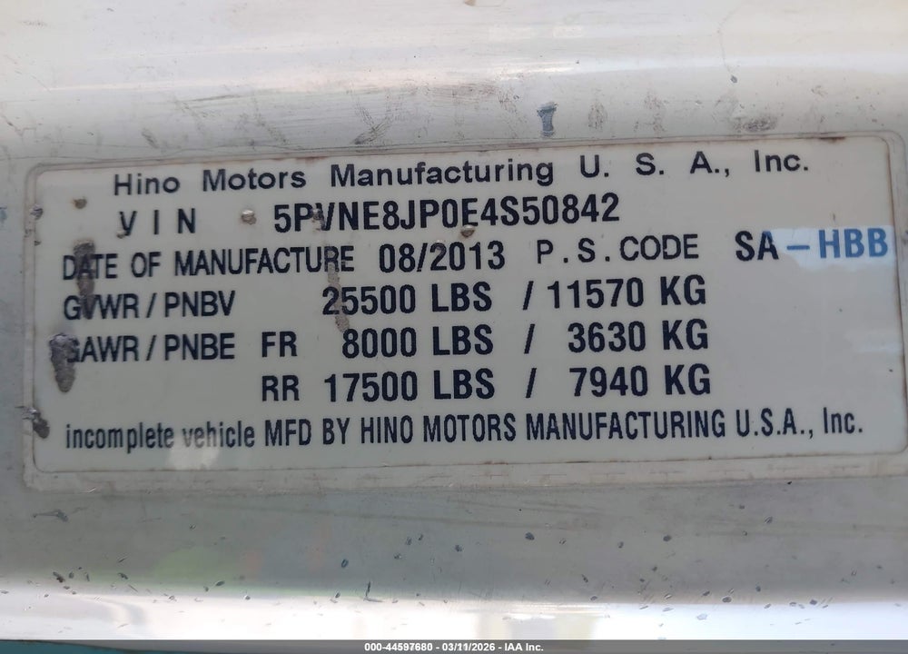 2014 HINO 258/268 VIN: 5PVNE8JP0E4S50842