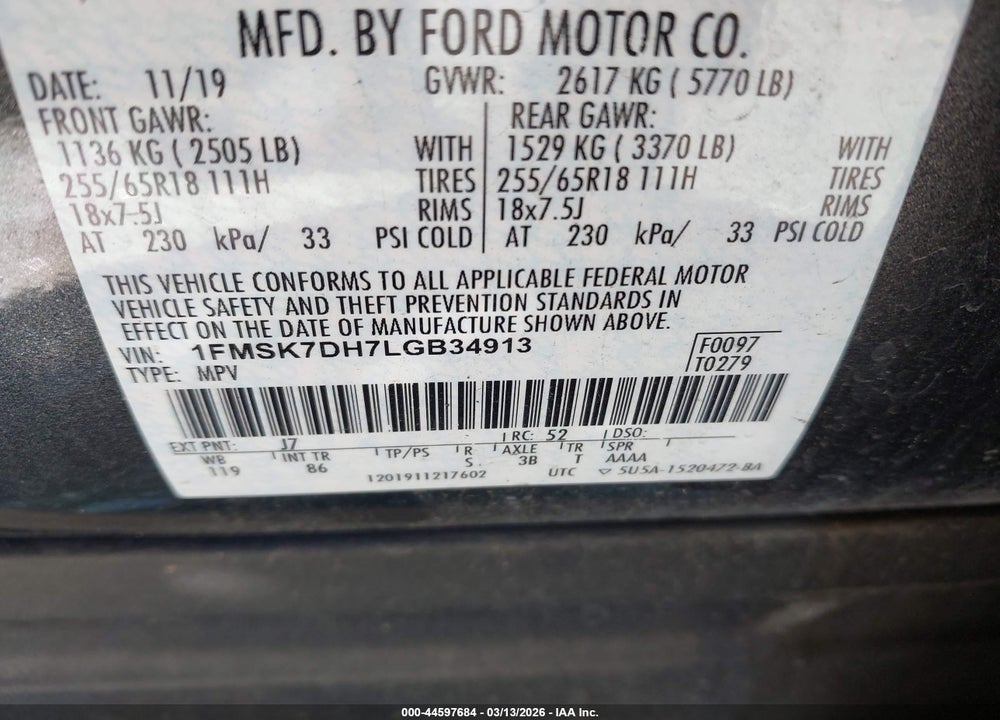 2020 FORD EXPLORER XLT VIN: 1FMSK7DH7LGB34913