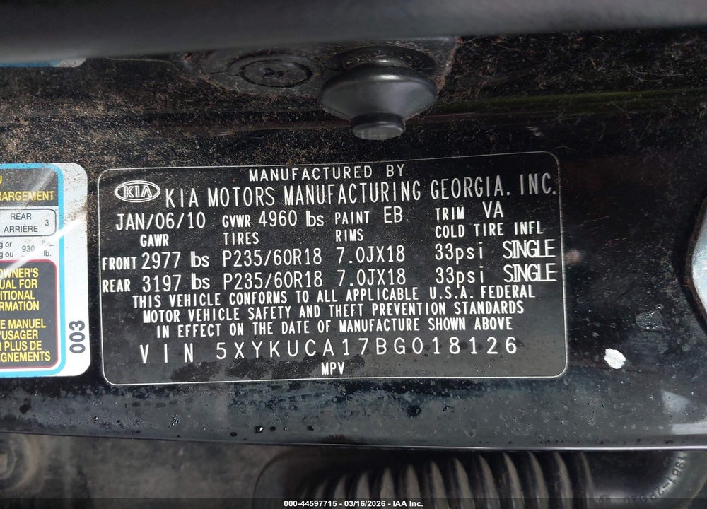 2011 KIA SORENTO EX VIN: 5XYKUCA17BG018126