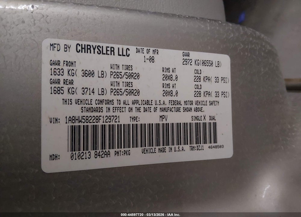 2008 CHRYSLER ASPEN LIMITED VIN: 1A8HW58228F129721