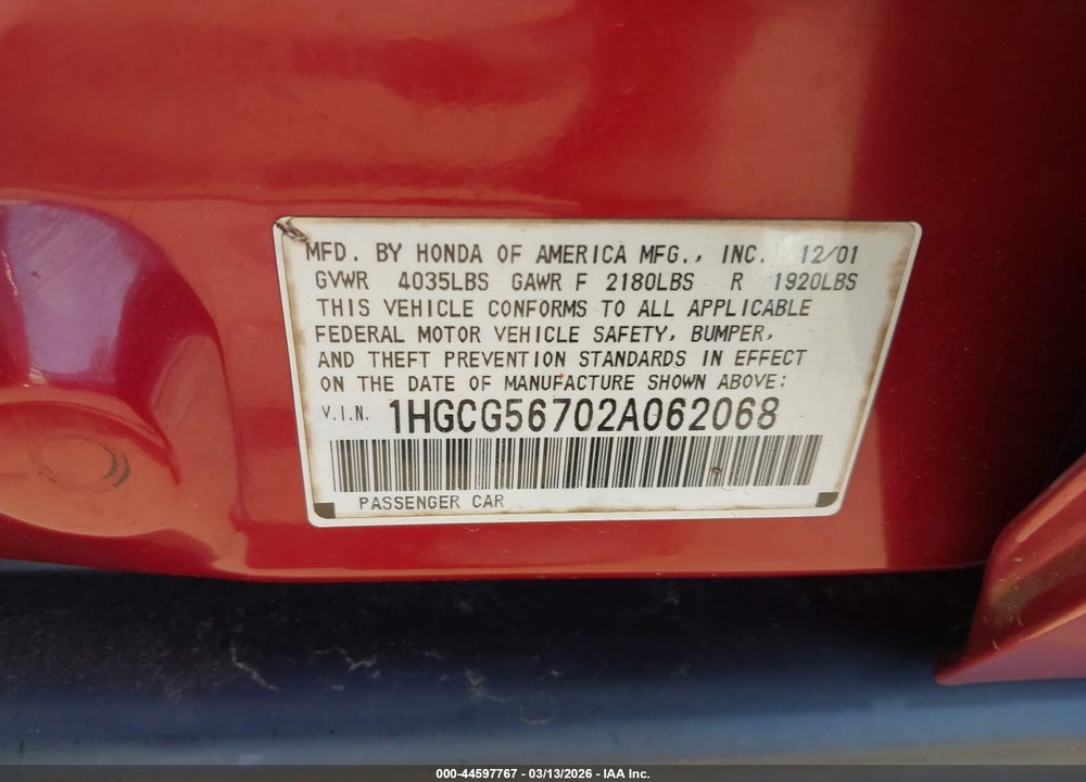 2002 HONDA ACCORD 2.3 SE VIN: 1HGCG56702A062068