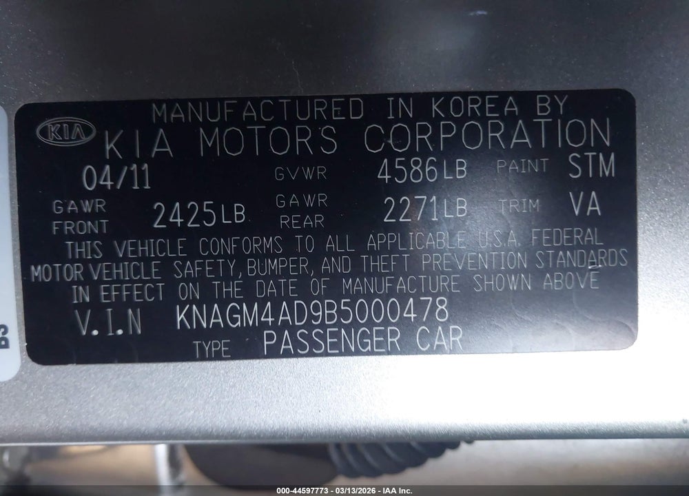 2011 KIA OPTIMA HYBRID EX VIN: KNAGM4AD9B5000478