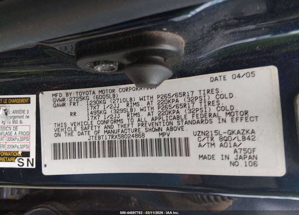 2005 TOYOTA 4RUNNER LIMITED V8 VIN: JTEBT17RX58024868