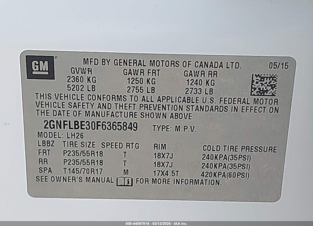 2015 CHEVROLET EQUINOX 1LT VIN: 2GNFLBE30F6365849