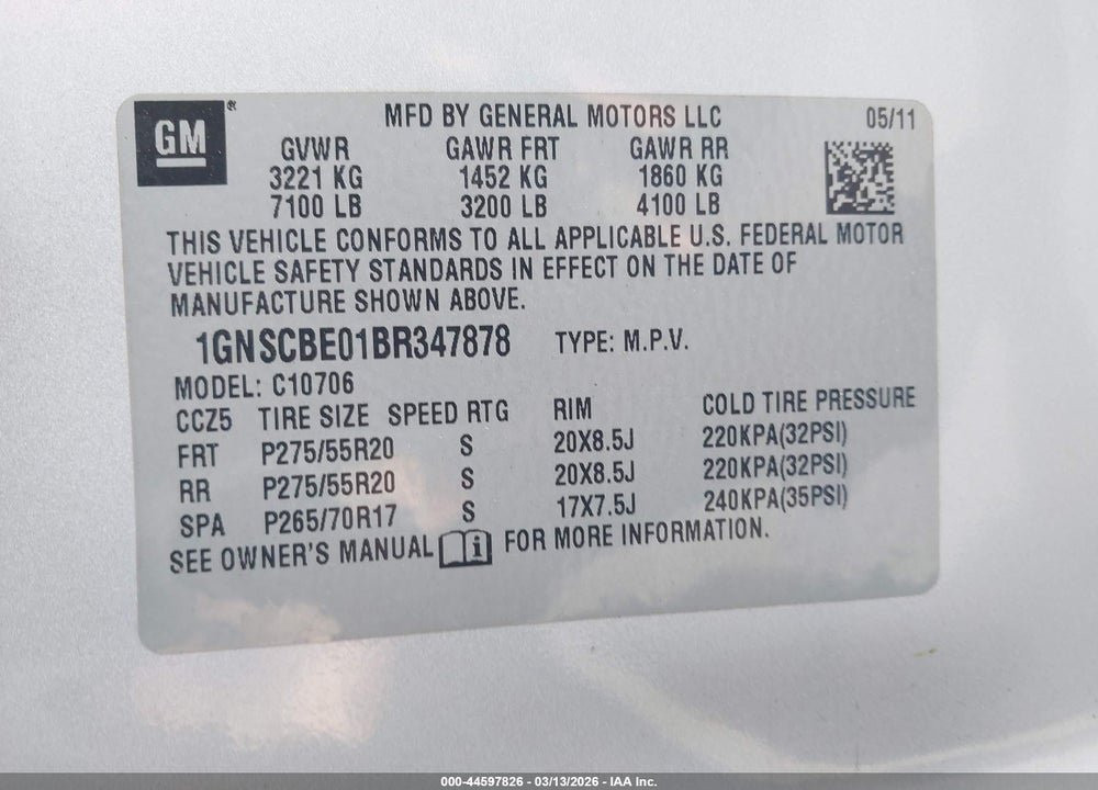2011 CHEVROLET TAHOE LT VIN: 1GNSCBE01BR347878