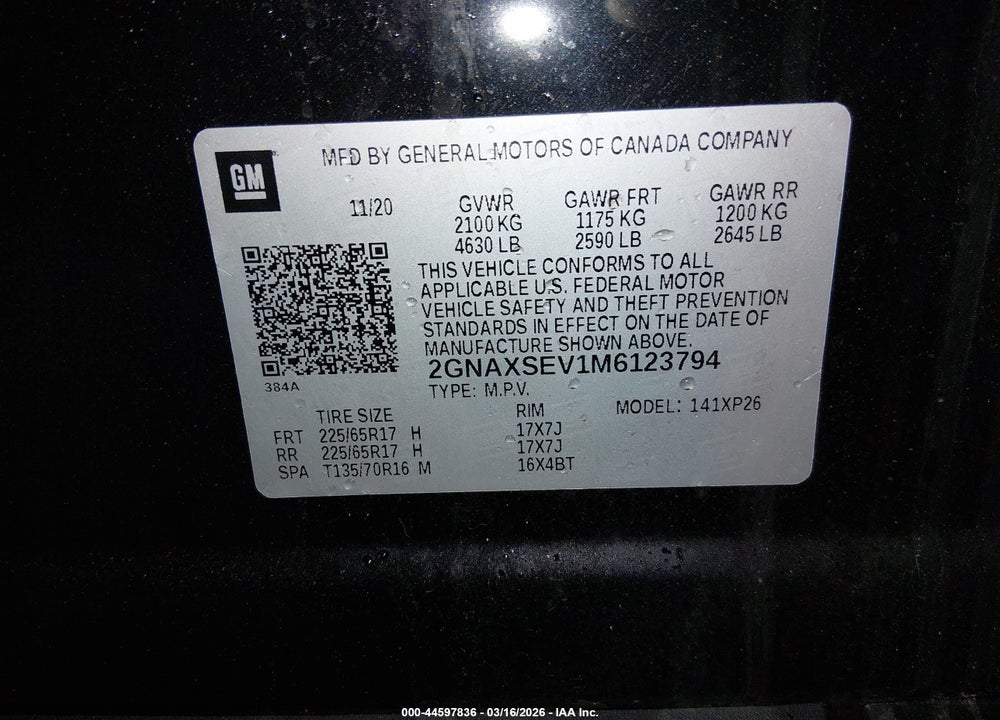 2021 CHEVROLET EQUINOX AWD LS VIN: 2GNAXSEV1M6123794