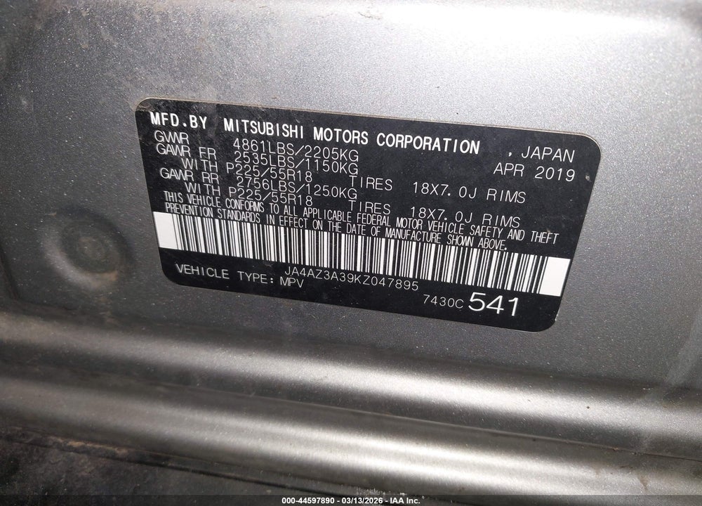 2019 MITSUBISHI OUTLANDER SE VIN: JA4AZ3A39KZ047895