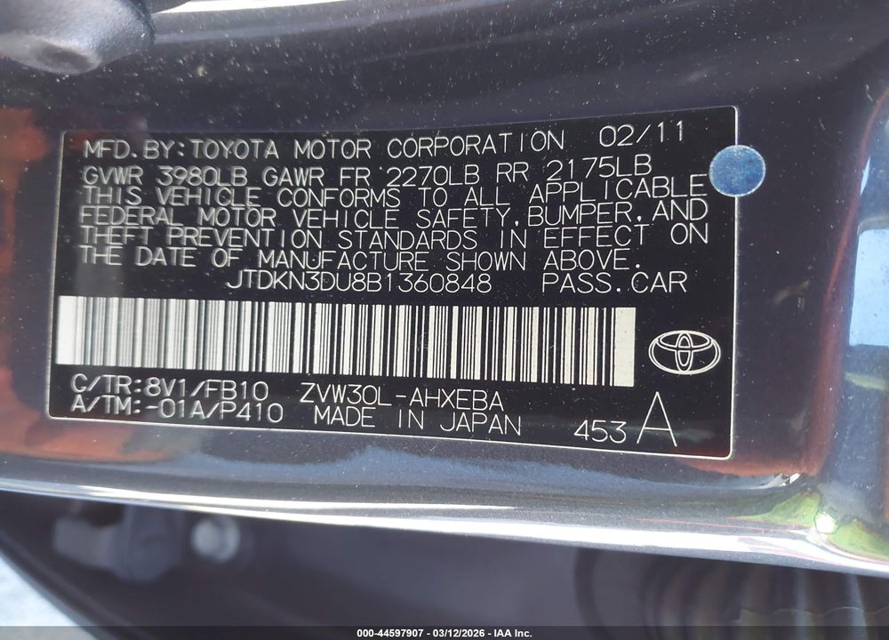 2011 TOYOTA PRIUS THREE VIN: JTDKN3DU8B1360848
