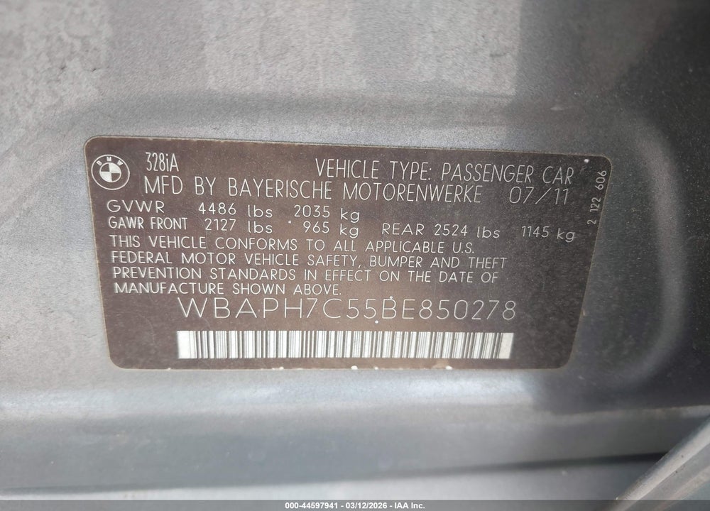 2011 BMW 328I VIN: WBAPH7C55BE850278