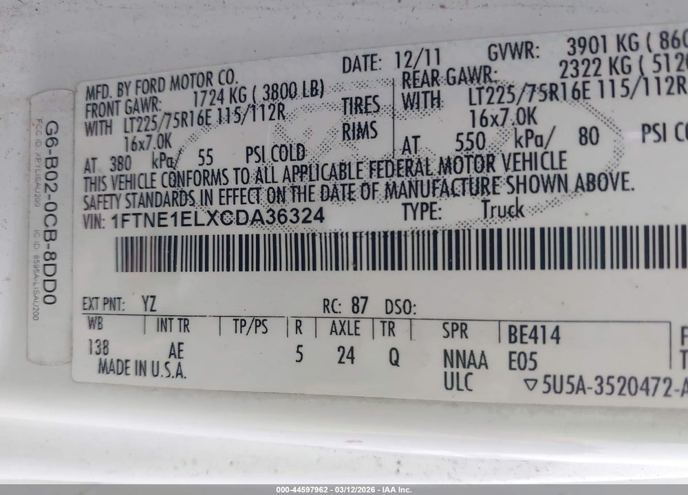 2012 FORD E-150 COMMERCIAL VIN: 1FTNE1ELXCDA36324