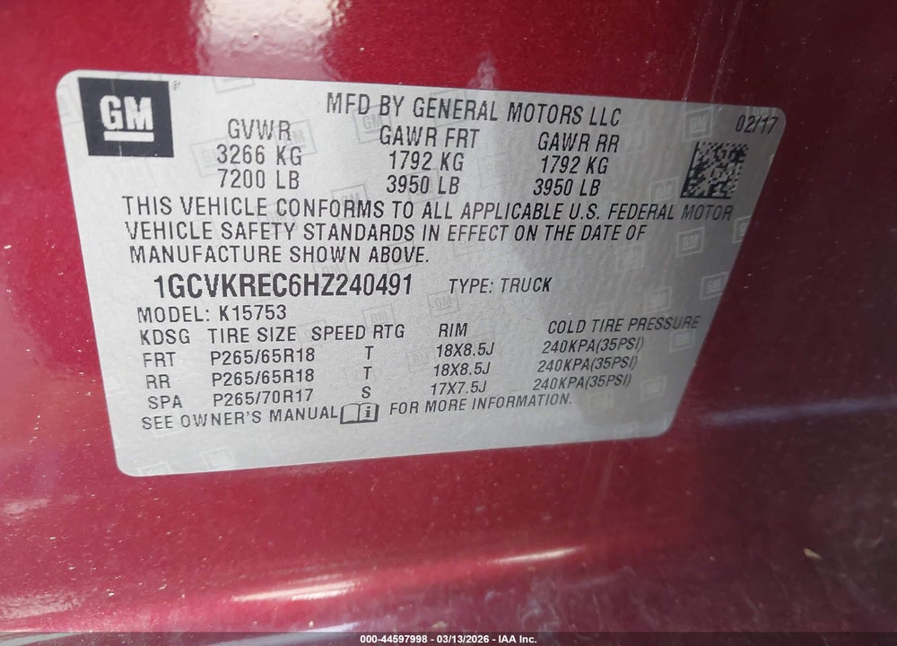 2017 CHEVROLET SILVERADO 1500 2LT VIN: 1GCVKREC6HZ240491