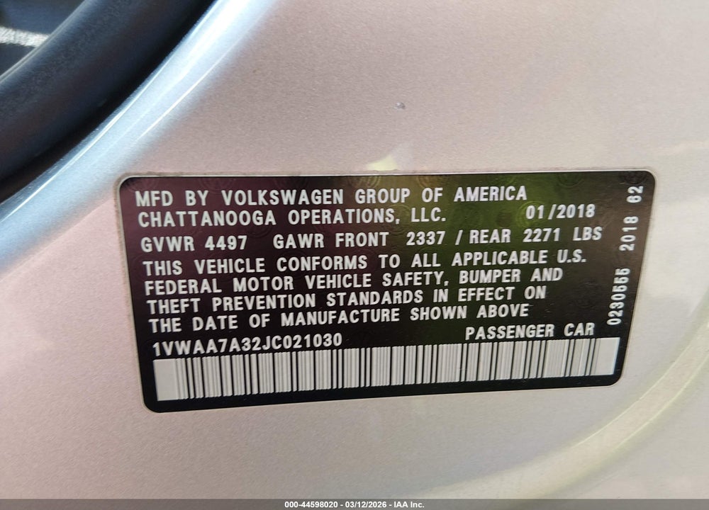 2018 VOLKSWAGEN PASSAT 2.0T R-LINE/2.0T S VIN: 1VWAA7A32JC021030