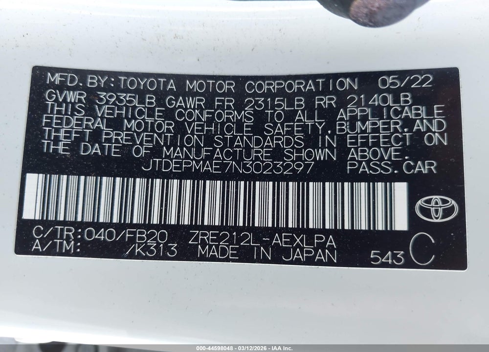 2022 TOYOTA COROLLA LE VIN: JTDEPMAE7N3023297