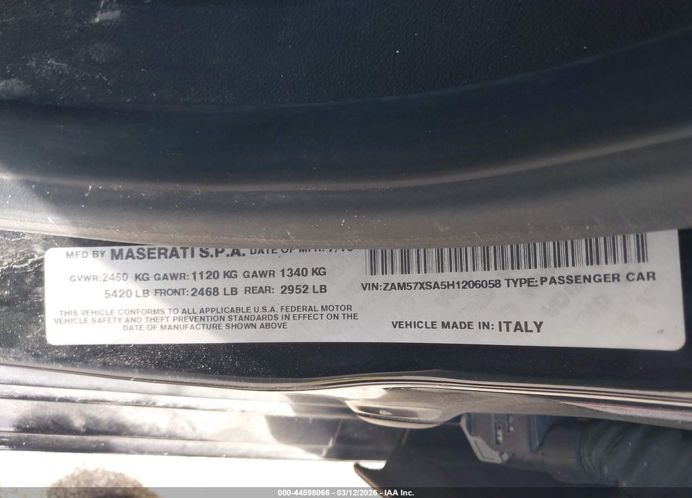 2017 MASERATI GHIBLI VIN: ZAM57XSA5H1206058