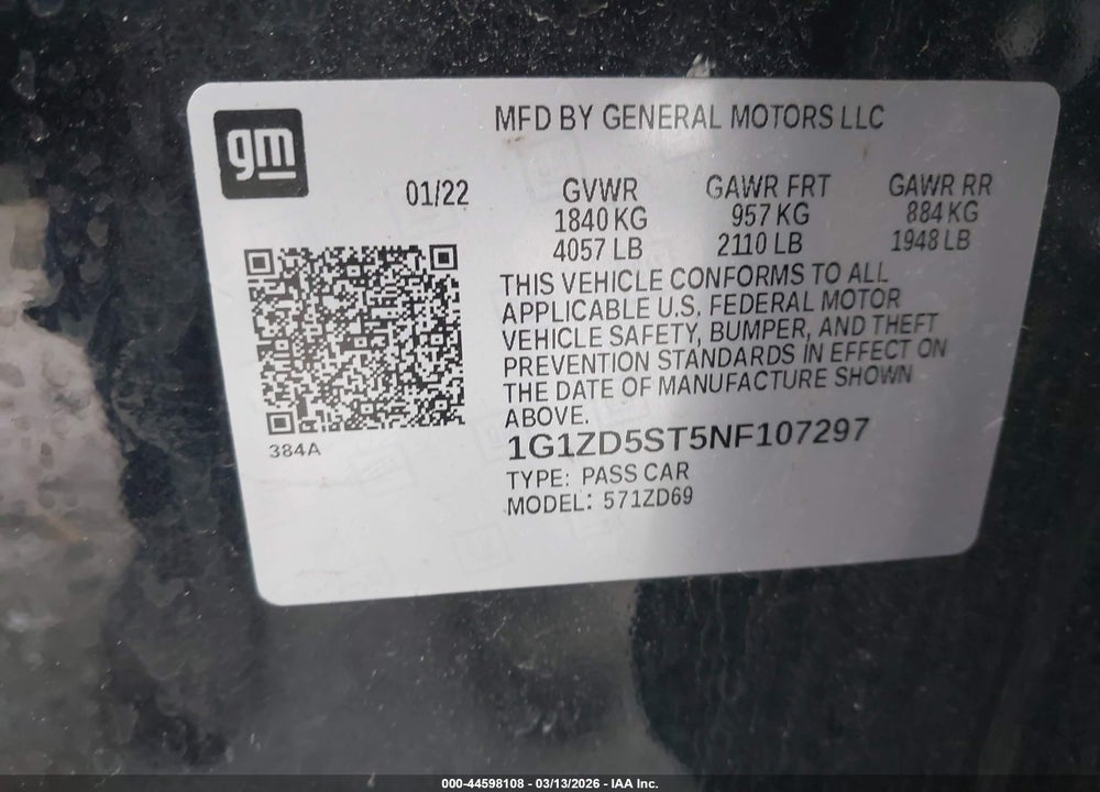 2022 CHEVROLET MALIBU FWD LT VIN: 1G1ZD5ST5NF107297