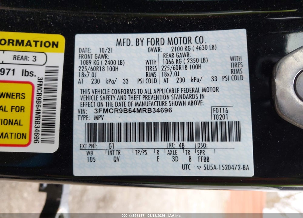 2021 FORD BRONCO SPORT BIG BEND VIN: 3FMCR9B64MRB34696