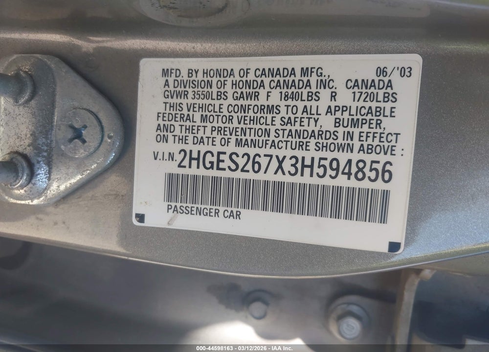 2003 HONDA CIVIC EX VIN: 2HGES267X3H594856