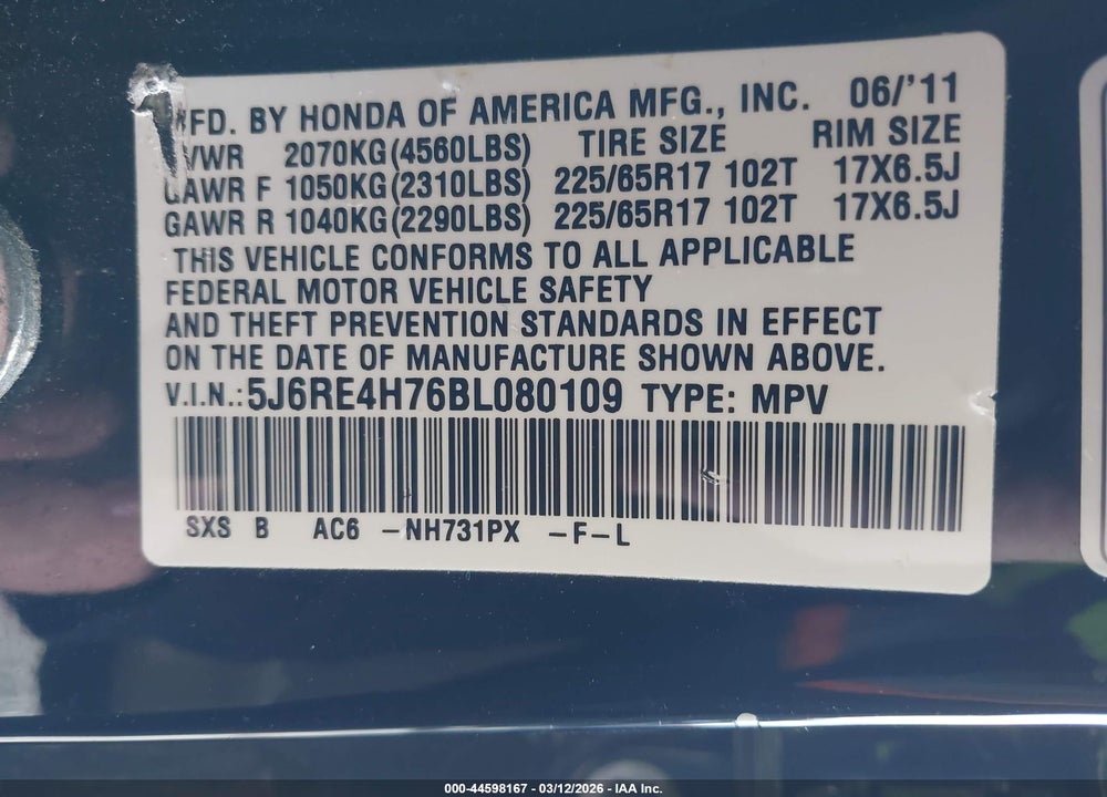 2011 HONDA CR-V EX-L VIN: 5J6RE4H76BL080109