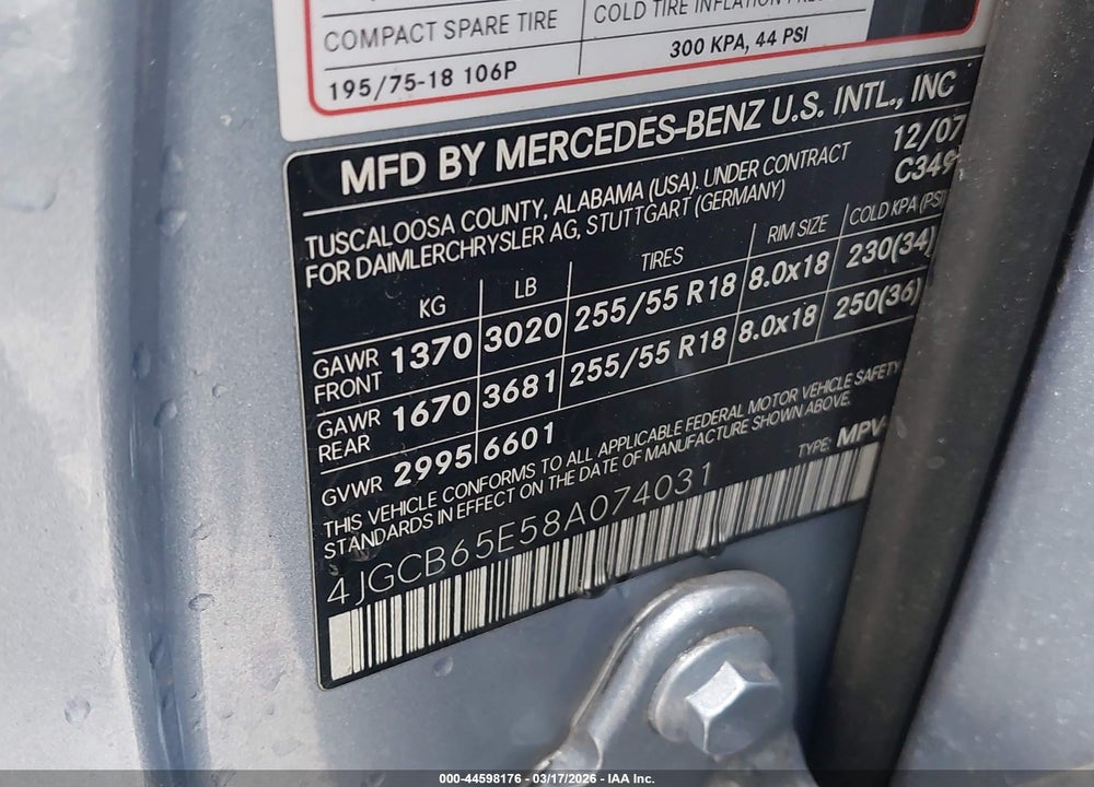 2008 MERCEDES-BENZ R 350 4MATIC VIN: 4JGCB65E58A074031