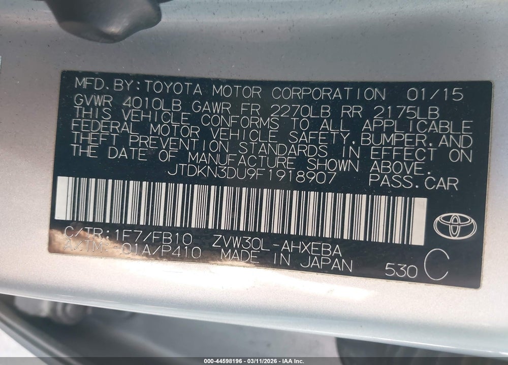 2015 TOYOTA PRIUS TWO VIN: JTDKN3DU9F1918907