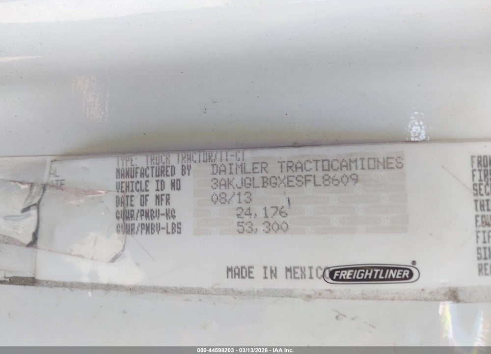2014 FREIGHTLINER CASCADIA 125 VIN: 3AKJGLBGXESFL8609