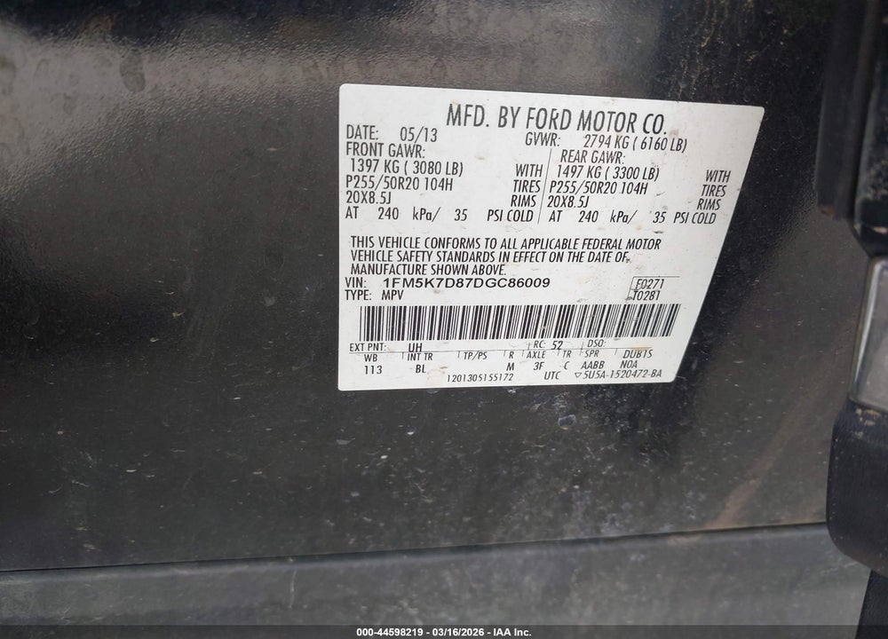 2013 FORD EXPLORER XLT VIN: 1FM5K7D87DGC86009