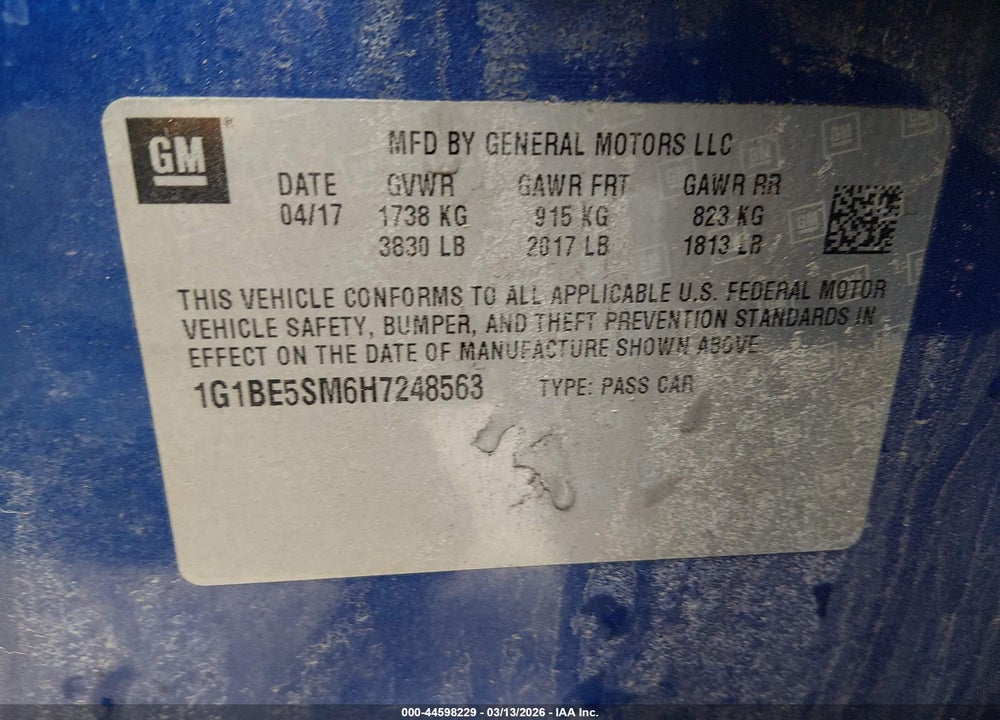 2017 CHEVROLET CRUZE LT AUTO VIN: 1G1BE5SM6H7248563