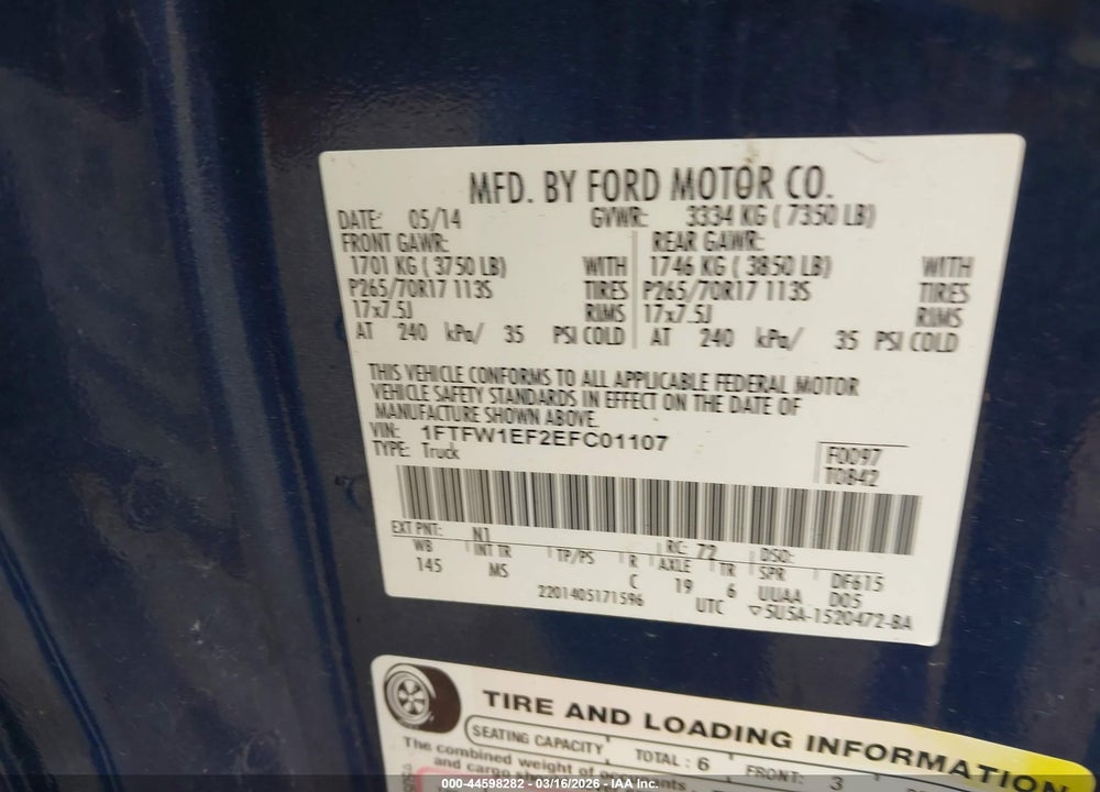 2014 FORD F-150 XLT VIN: 1FTFW1EF2EFC01107
