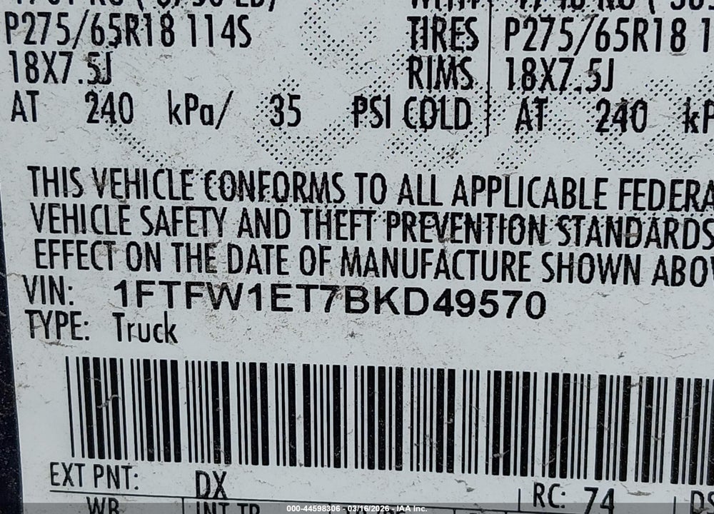 2011 FORD F-150 XLT VIN: 1FTFW1ET7BKD49570