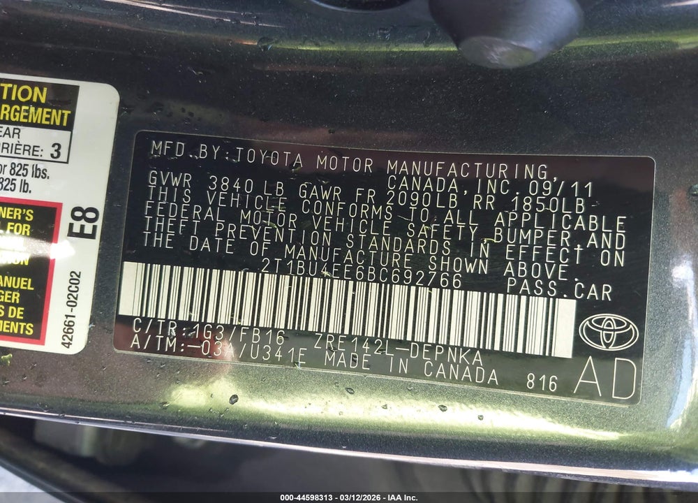 2011 TOYOTA COROLLA LE VIN: 2T1BU4EE6BC692766