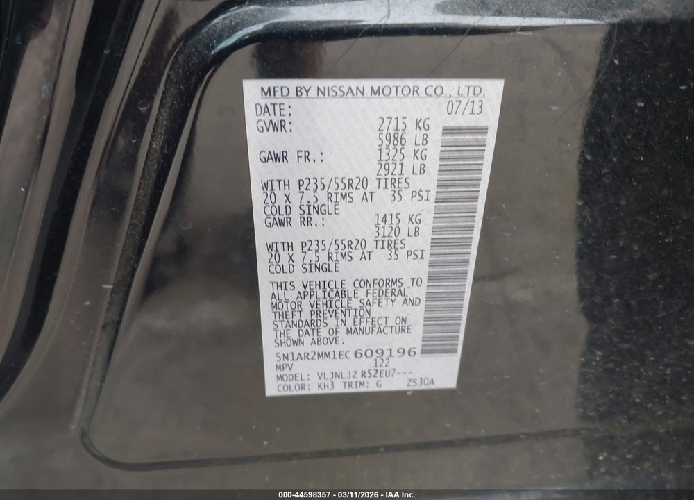 2014 NISSAN PATHFINDER PLATINUM VIN: 5N1AR2MM1EC609196