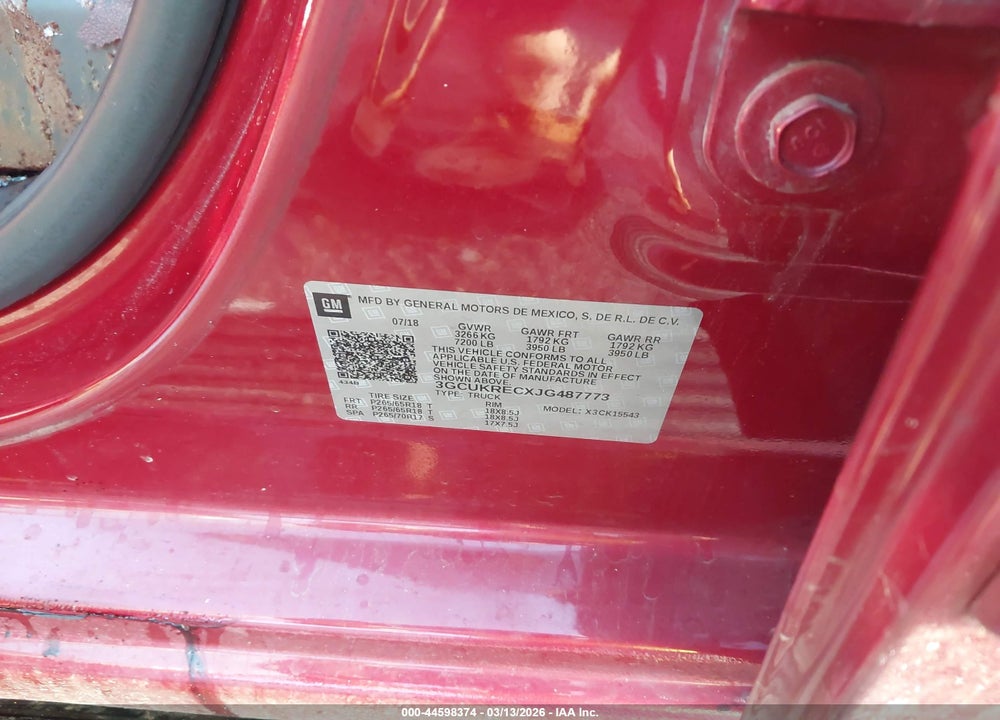 2018 CHEVROLET SILVERADO 1500 2LT VIN: 3GCUKRECXJG487773