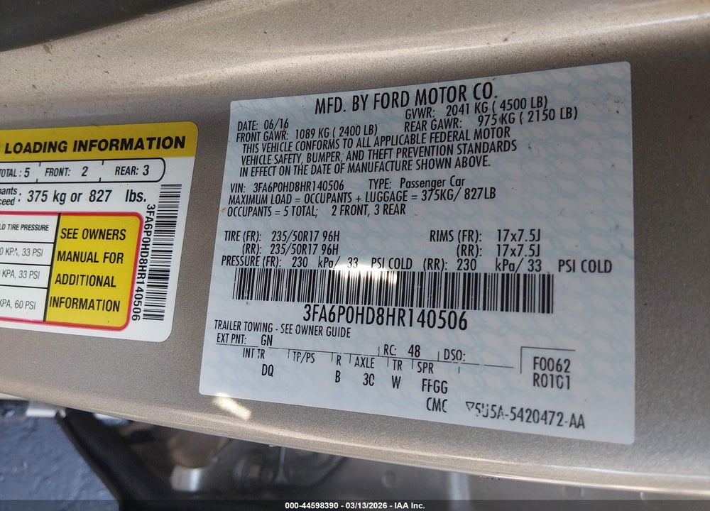 2017 FORD FUSION SE VIN: 3FA6P0HD8HR140506