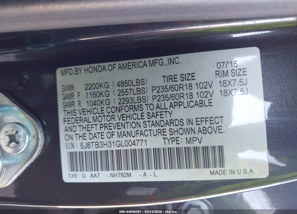 2016 ACURA RDX WATCH PLUS PKG VIN: 5J8TB3H31GL004771