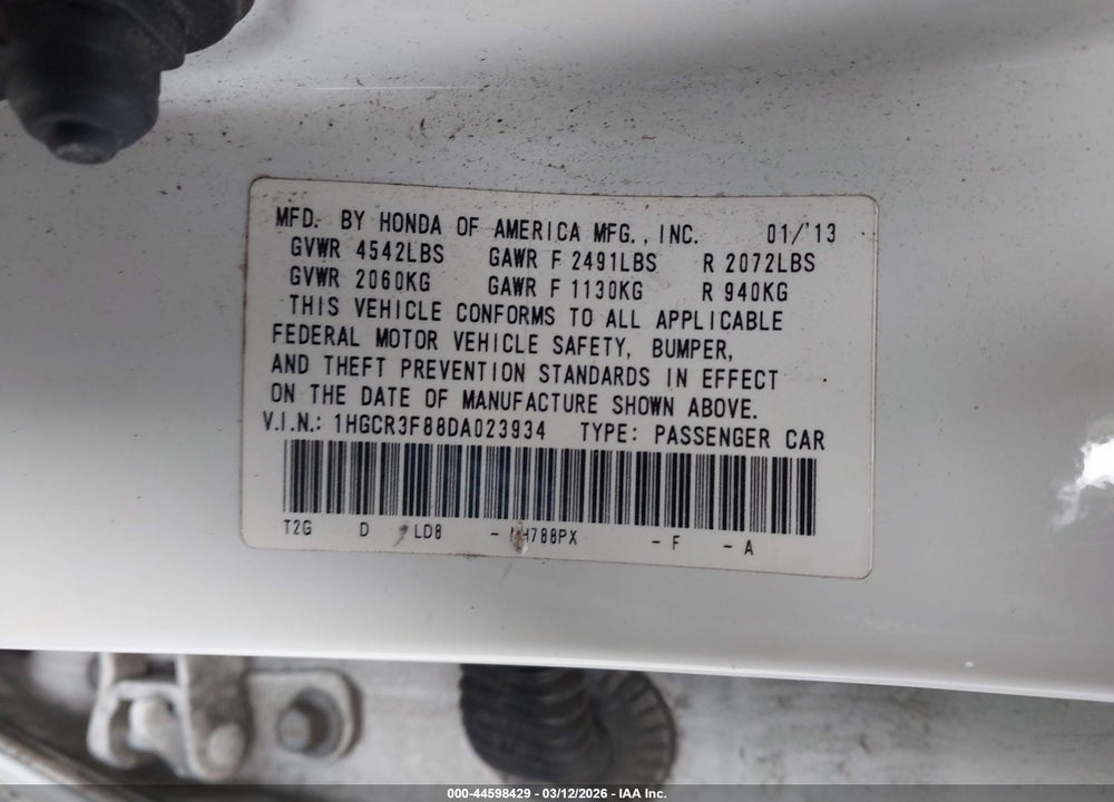 2013 HONDA ACCORD EX-L V-6 VIN: 1HGCR3F88DA023934