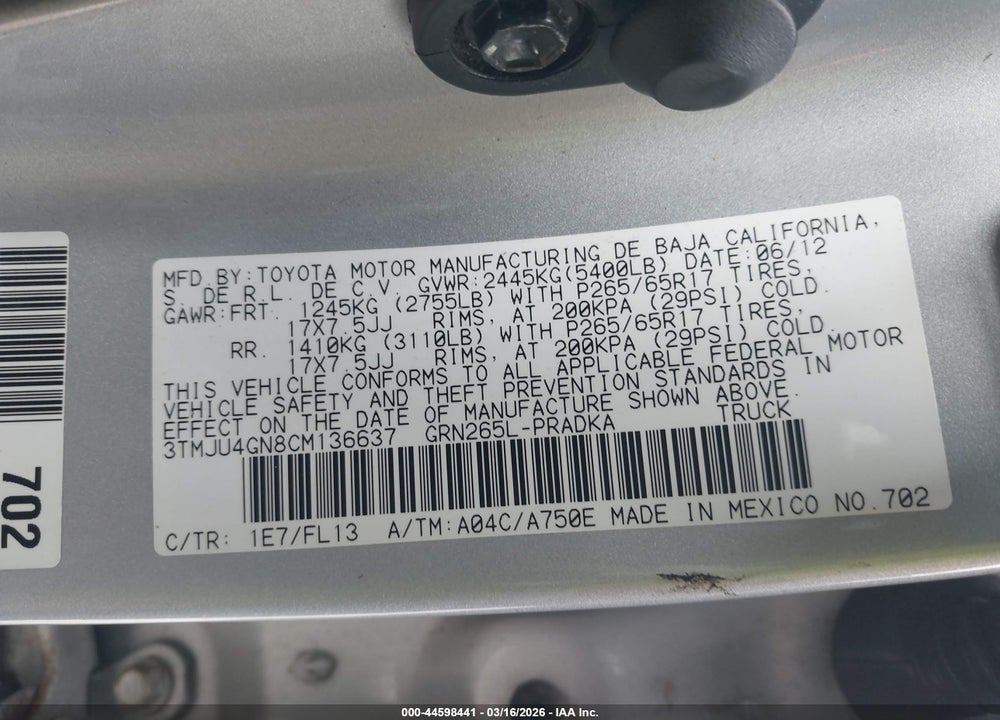 2012 TOYOTA TACOMA PRERUNNER V6 VIN: 3TMJU4GN8CM136637