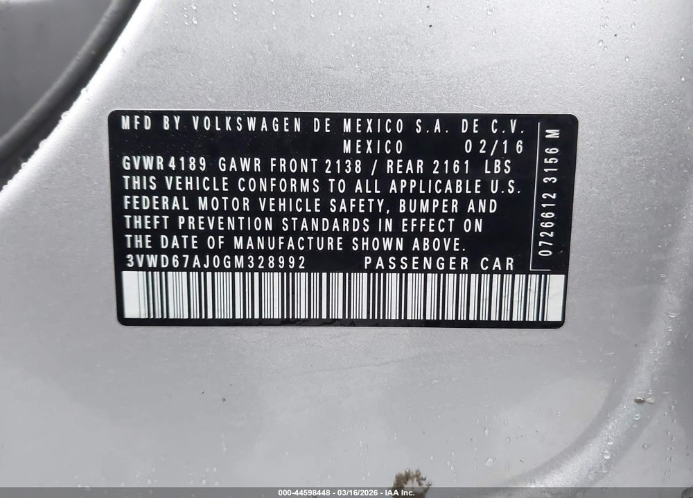 2016 VOLKSWAGEN JETTA 1.4T SE VIN: 3VWD67AJ0GM328992