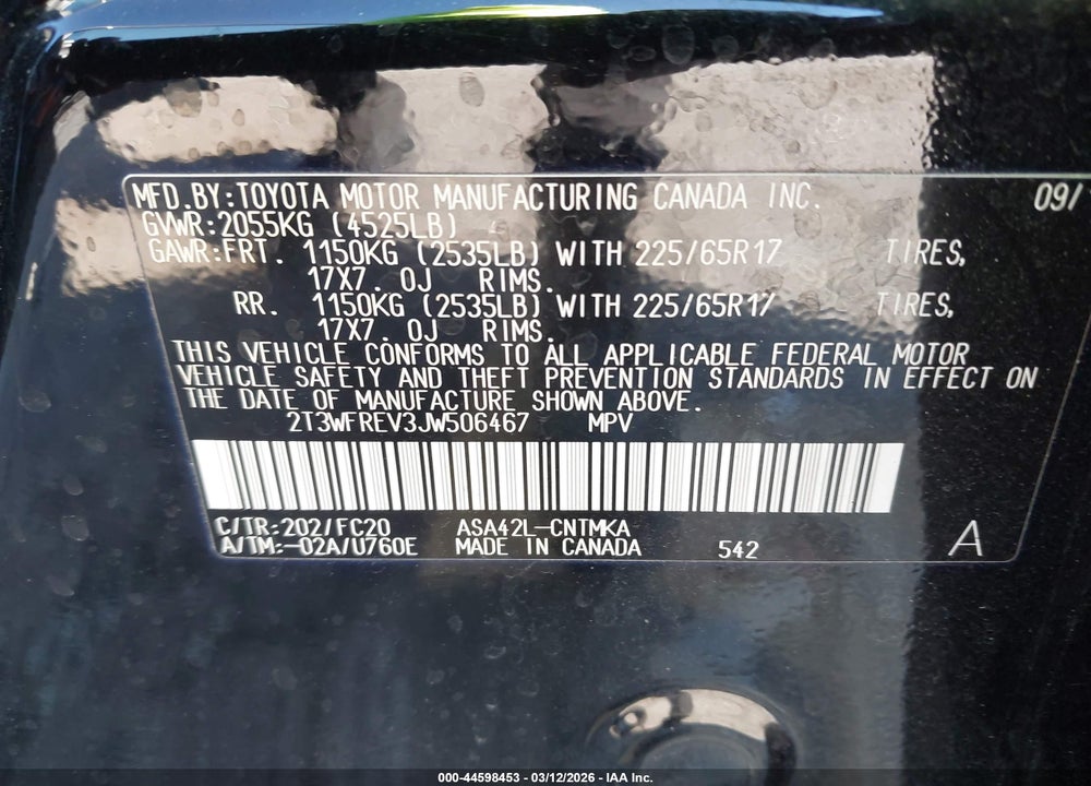 2018 TOYOTA RAV4 XLE VIN: 2T3WFREV3JW506467