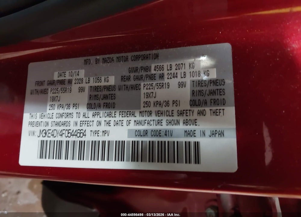 2015 MAZDA CX-5 GRAND TOURING VIN: JM3KE4DY4F0544664